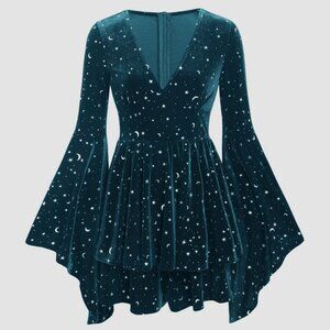 Cider Blue/Green Velvet V-neck Star & Moon Pattern Bell Sleeve Romper (NWT)